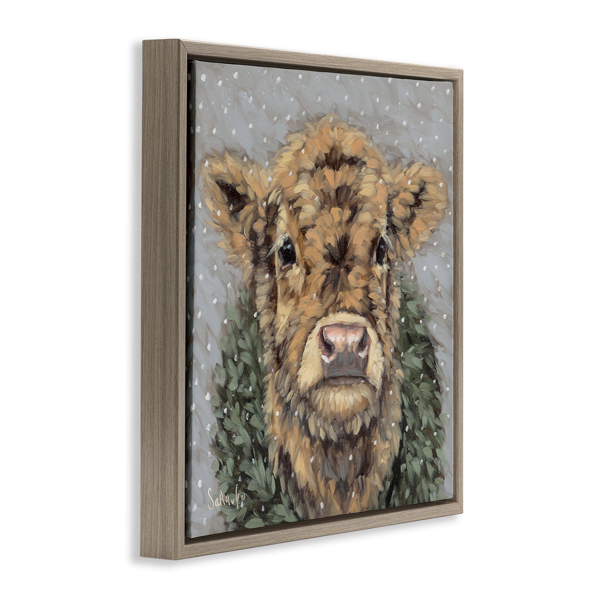 Stupell Industries Snowy Cattle & Wreath Animals & Insects Painting Brown Floater Framed Canvas Art Print Wall Art, 18 x 18