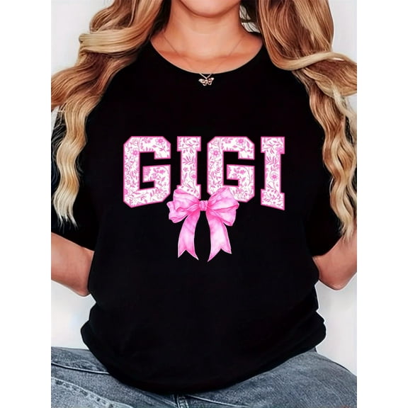 Women's "Gigi" Pink Bow Graphic T-Shirt - Retro Minimalist Style, Black Crew Neck Tee with Sparkly Pink Lettering & Realistic Bow Print, Casual Comfor
