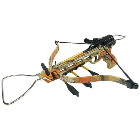 iGlow 80 lb Black / Camouflage Aluminum Hunting Pistol Crossbow Bow with Build-In Arrow Holder +15 Bolts +2 Strings