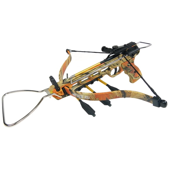 iGlow 80 lb Black / Camouflage Aluminum Hunting Pistol Crossbow Bow with Build-In Arrow Holder  15 Bolts  2 Strings 50