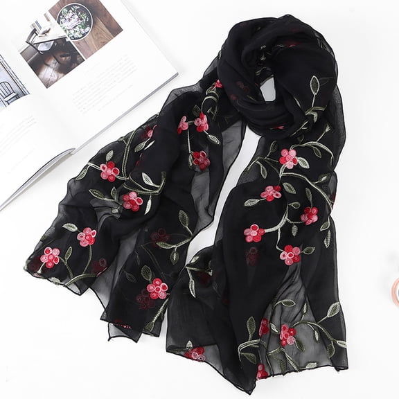 HuangHuanChen Chiffon Scarf for Women Embroidery Chiffon Scarf Hijab Wrap Shawls Headband Muslim Hijabs Scarf Scarf for Women One Size