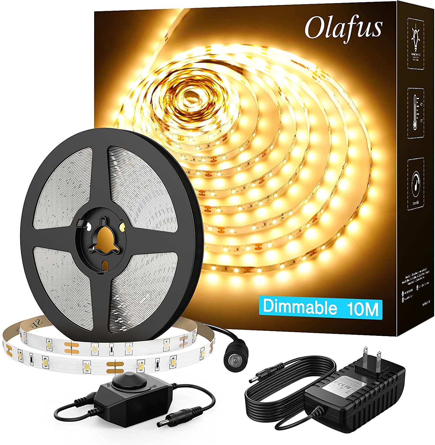 Cabinet Olafus Dimmable LED Strip Lights Kit Stairway Kitchen 5M 16.4ft 300 2835 LEDs 3000K Warm White Non-Waterproof Ribbon Lighting for Home 12V LED Tape Light with Plug Bar 