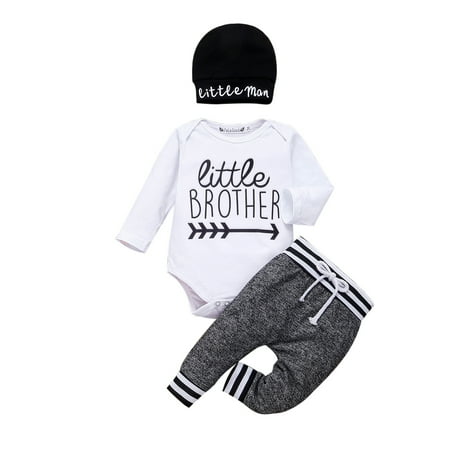 

Mioliknya Baby Boy 3PCS Long Sleeve Letter Romper Long Straps Pants Beanie Hat Outfit Set