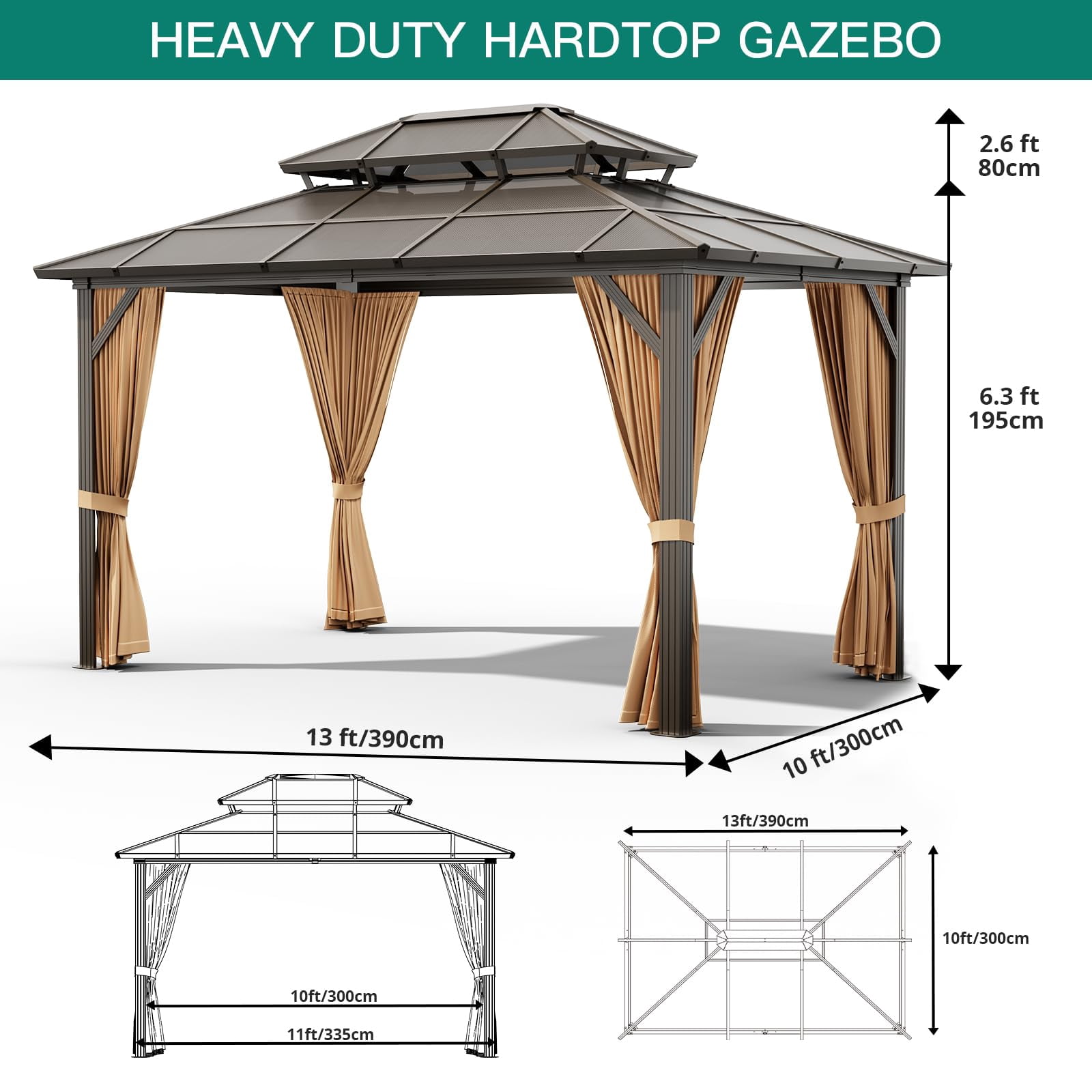 TROPOW Gazebos for Gardens,10x13ft Hardtop Gazebo,All Seasons Gazebos,Outdoor Polycarbonate Double Roof Canopy,Aluminum Frame Permanent Garden Tent with Curtains and Netting for Patio, Lawns,Khaki