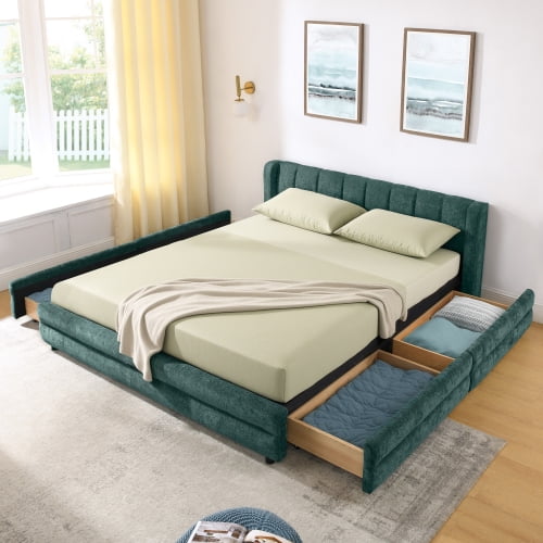 Queen Upholstered Bed Frame with Storage Drawers, Modern Platform Bed with Soft Chenille Fabric Headboard, Solid Wood Slat Support, No Box Spring Needed, for Bedroom, Blue+Green