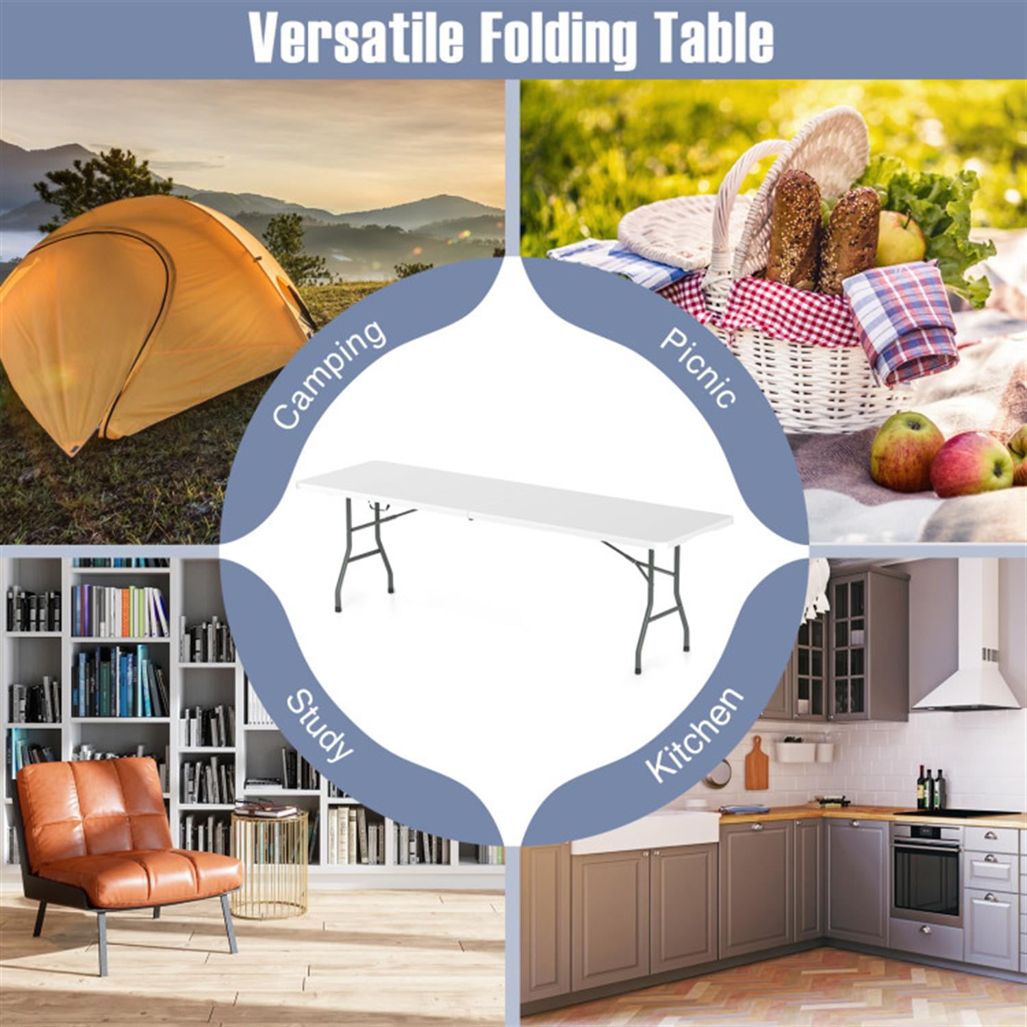 Demi Bonn 8 ft Portable Folding Table 350S Fold-in-Half Table with HDPE Tabletop fordoor Outdoor, Plastic Dining Picnic Party Camping Table, White