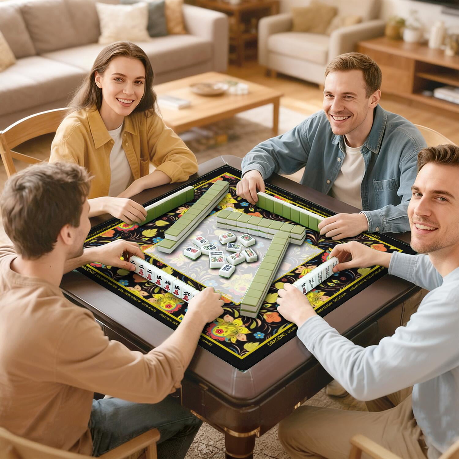 Floral Mahjong Mat with Rules, 31.5*31.5in Anti Slip American Mahjong Mat for Table, Noise Reduction, Neoprene Mah jongg Mats with Carrying Bag & 3 Dices, Mahjong Set Gift, Board Tile Games Mats