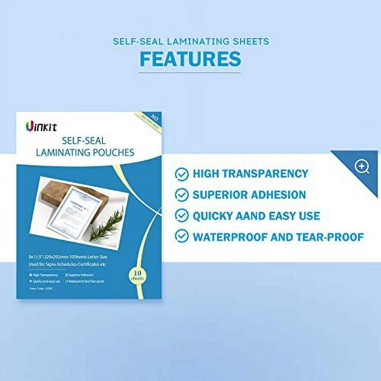 Uinkit Self Sealing Laminating Pouches, Waterproof Lamination Sheets for Document Permanent Adhesive 9x11.5inches 10Pack 10mil Thick Gloss Finish No