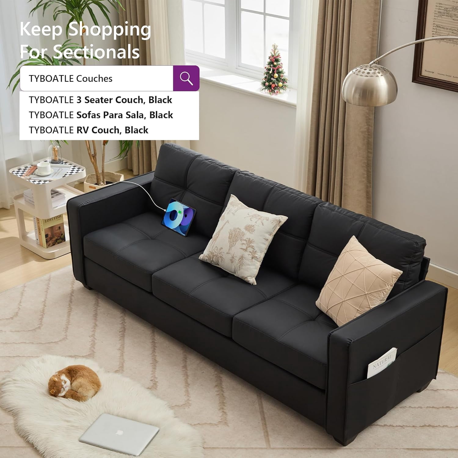 AODAILIHB 88" W Faux Leather 3-Seat Sofa, Modern Tufted Comfy Office Small Couch w/USB Charging Ports and Wide Arms, Black