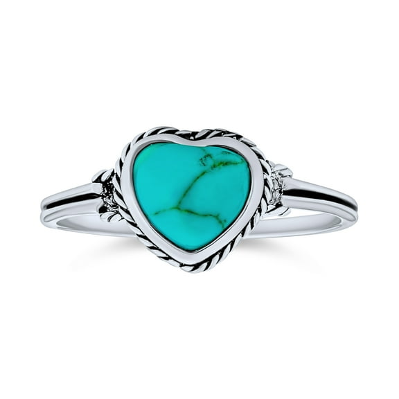 Bling Jewelry Womens Romantic Natural Blue Turquoise Bezel Set Promise Heart Ring .925 Sterling Silver
