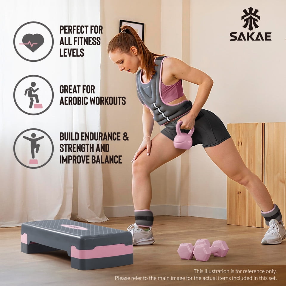 SAKAE Pink Exercise Step Platform Set with Ankle Weights & Measuring Tape, Adjustable Height 2 Level Risers Workout Step Trainer, Aerobic Steppers for Home Gym Exercise Fitness Workout