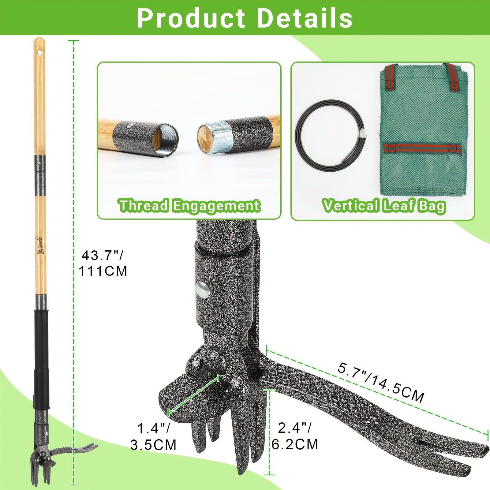 Stand Up Weed Puller With Large Collection Bag, Heavy Duty 4-Claw No-Bend Weeding Tool, Ergonomic Long Handle Root Remover For Lawn & Yard, Effortless Garden Maintenance Kit