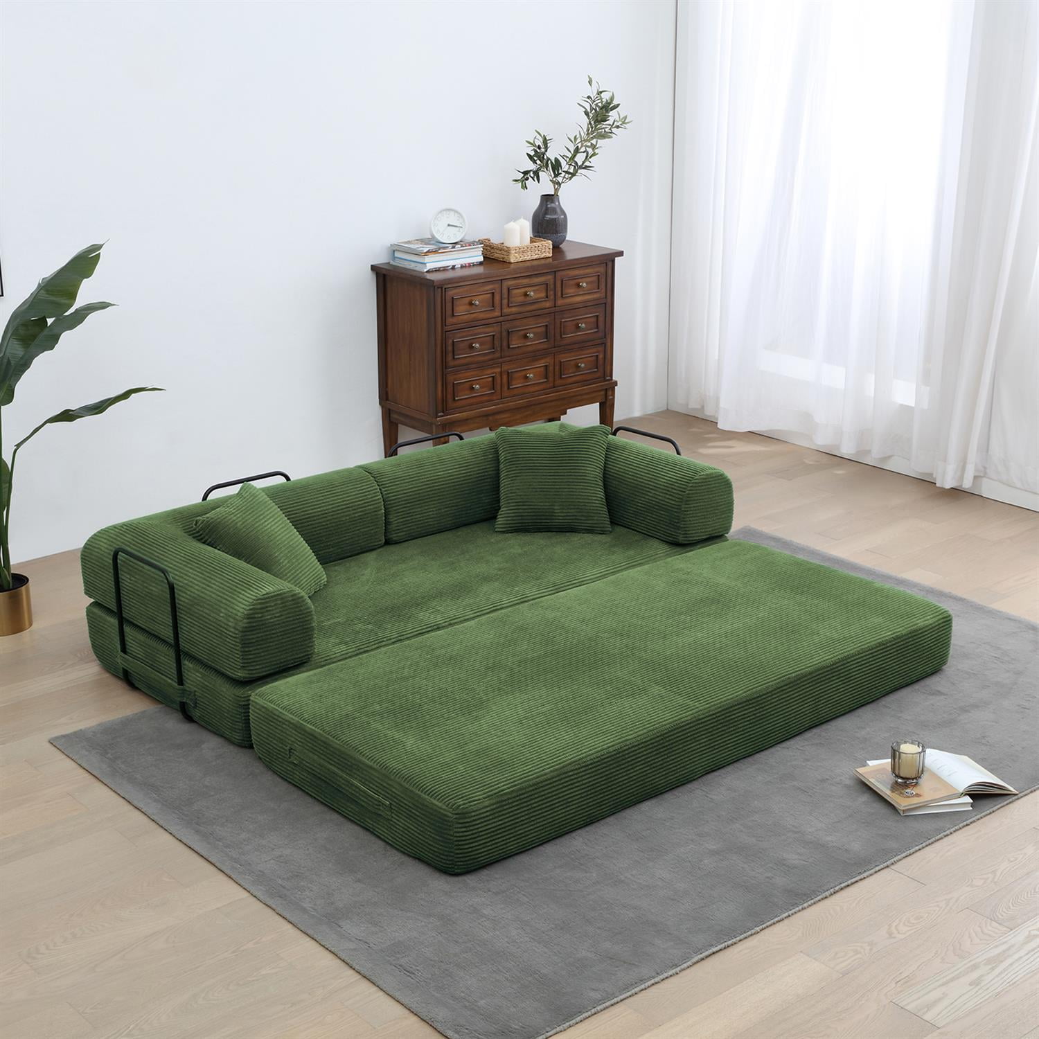 Demi Bonn 77" Convertible Sleeper Sofa Bed, Corduroy Foldable Mattress Couch with Cylindrical Pillow & Fixed Frame for Living Room, Bedroom, Green