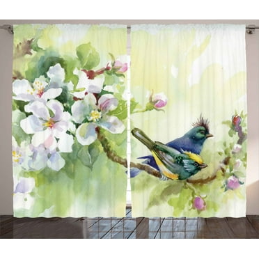 Ambesonne Flowers Curtains 2 Panel Set, Watercolor Birds Spring, 108" x 90", Reseda Green and Yellow