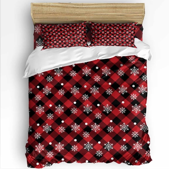 Winter Snowflakes King Size Comforter Set, Christmas Snowing Red Black Plaid Modern Soft Bedding for All Seasons, 4 Pcs Bed Set with 1Comforter (90"x106") ,1 Sheet(94"x116"), 2 Pillowcases (19"x35")