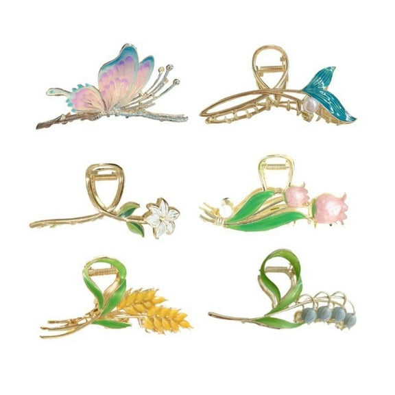 DUAIU 6-Piece Floral Hair Claw Clips - Large Metal Non-Slip Jaw Clips for Women & Girls | Strong Hold Barrettes for Long/Thin/Curly Hair | Fashion Hair Accessories