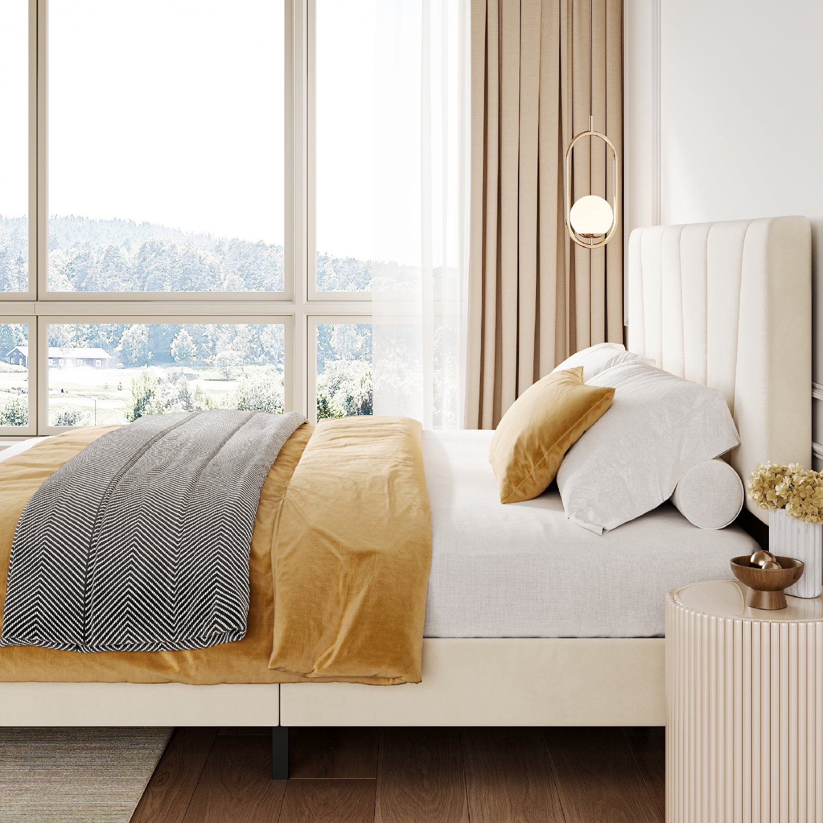 Shininglove Queen Size Platform Bed Frame, Linen Upholstered Bed Frame with Headboard, Modern Mattress Foundation with Wooden Slats Supports for Twin Bed, No Box Spring Needed, Beige