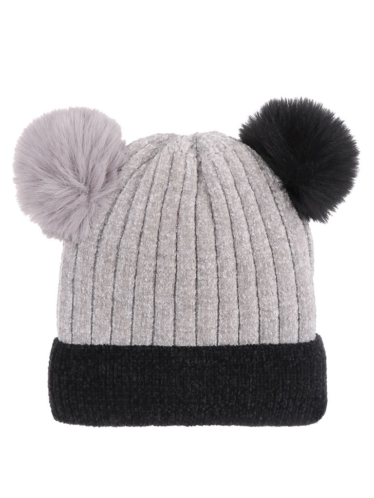 A\u0026O Double Pom Pom Thick Knitted Beanie Hat Faux Fur Lined, Two Tone Grey Black, Women's, Size: One Size