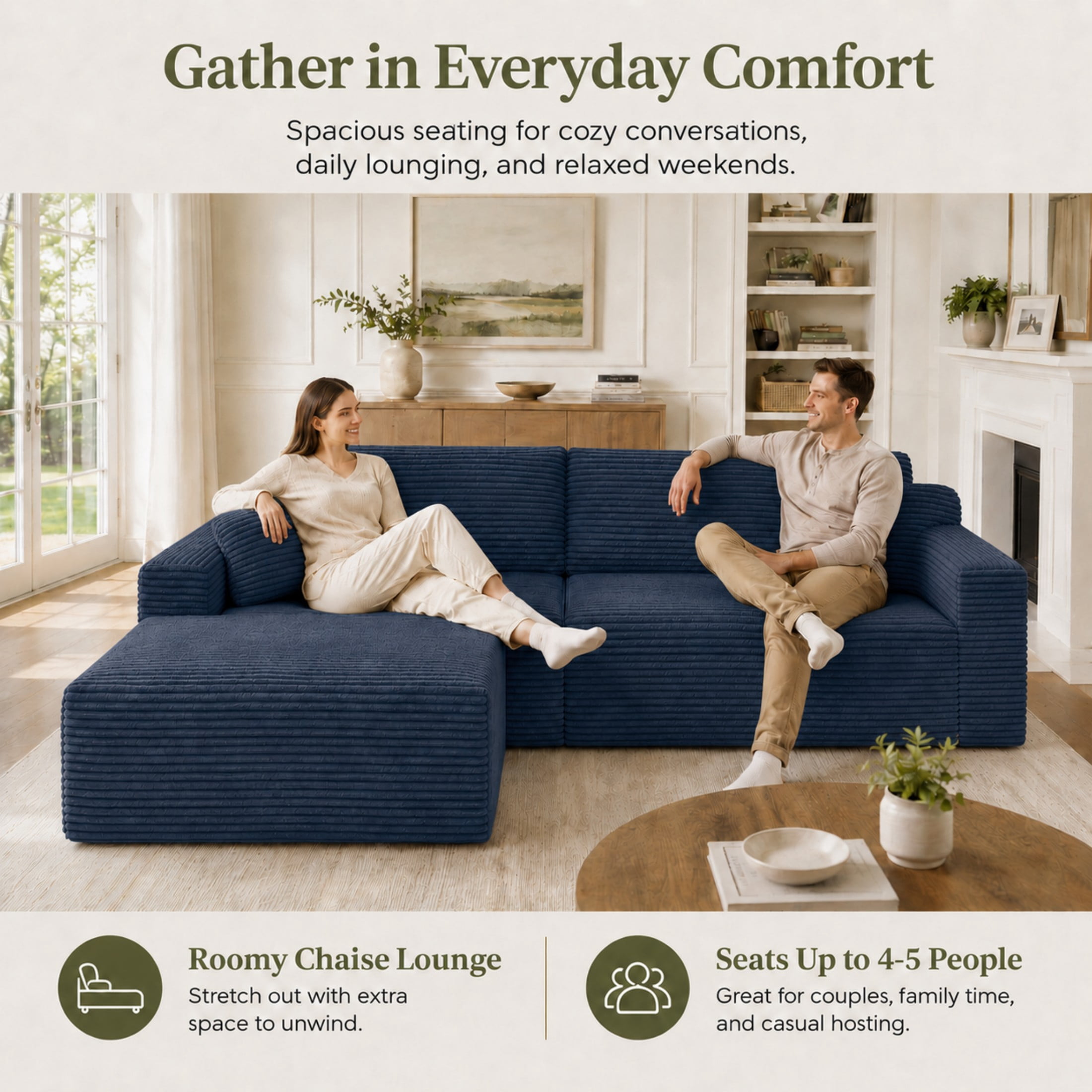 Aenkyo 106 Inch Corduroy L-Shaped Cloud Sectional Sofa with Reversible Chaise, Blue