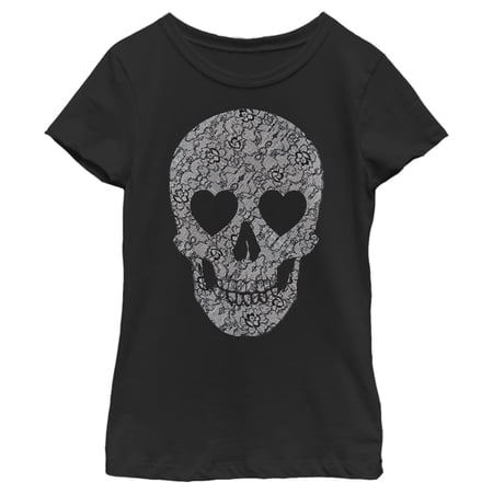 Girl s Lost Gods Lace Print Heart Skull Graphic Tee Black X Small