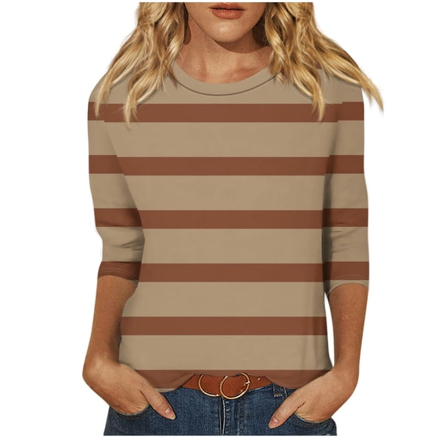 Annhoo Hauts d'Automne pour Femmes 2025 Mode Manches 3/4 Col Rond Pull Chemises Confort Décontracté Imprimé Rayures Blouses