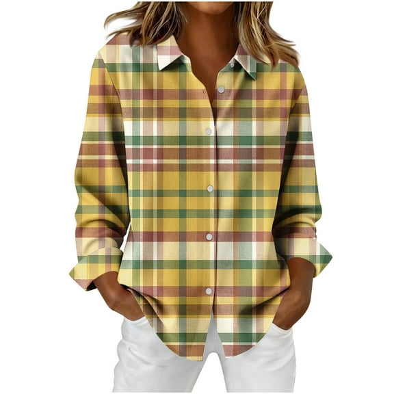 FDGIU Women's 2025 V-Neck Plaid Blouse - Button-Down Long Sleeve Loose Fit Fall Business Top