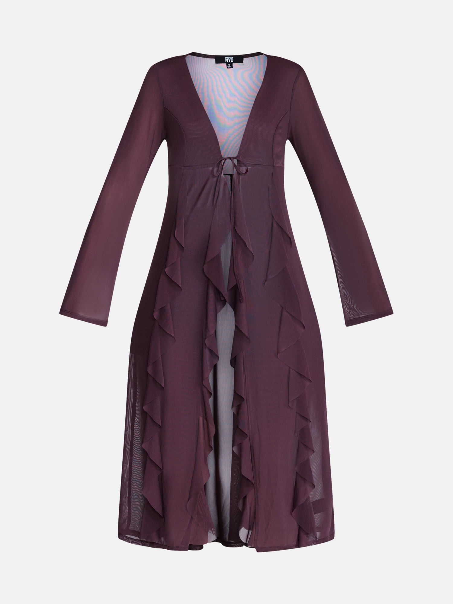 Madden NYC Women’s Ruffle Sheer Tie Front Duster with Long Sleeves, Sizes XXS-XXL