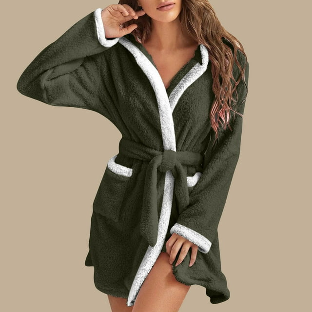 RXIRUCGD Mode Femmes Décontracté Uni Manches Longues Dames Ample Poche Garder au Chaud Peignoirs Faux Velours Tenue de Nuit Robe Chemises de Nuit( Vert, Taille:L )