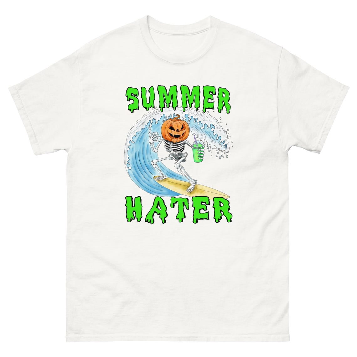Funny Summer Hater Skeleton Surfing Halloween T-Shirt Pumpkin Surfer Graphic Tee Unisex Cotton Shirt