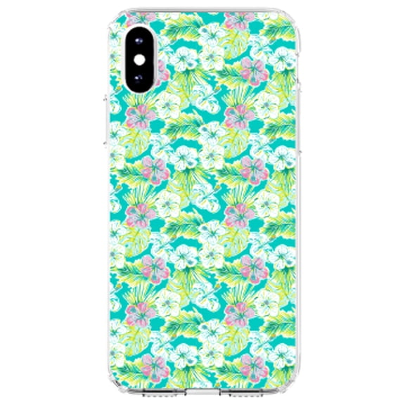 DistinctInk Clear Shockproof Hybrid Case for iPhone XR (6.1" Screen) - TPU Bumper, Acrylic Back, Tempered Glass Screen Protector - Preppy Pattern - Green Pink White Flowers Floral