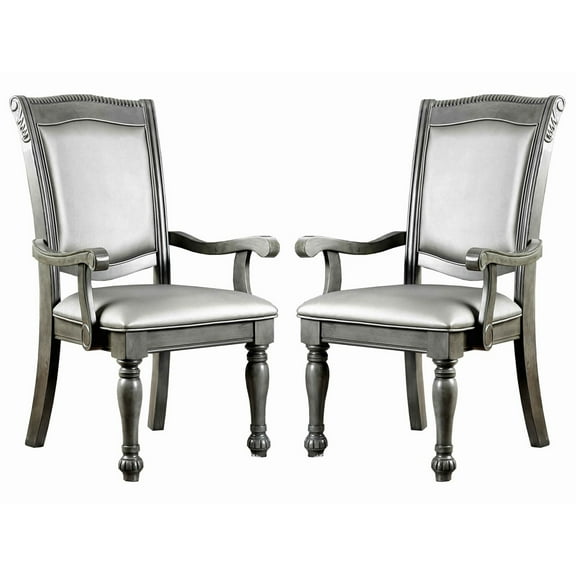 Traditional Style Wooden Arm Chair With Leatherette Cushions In Gray, Set Of 2