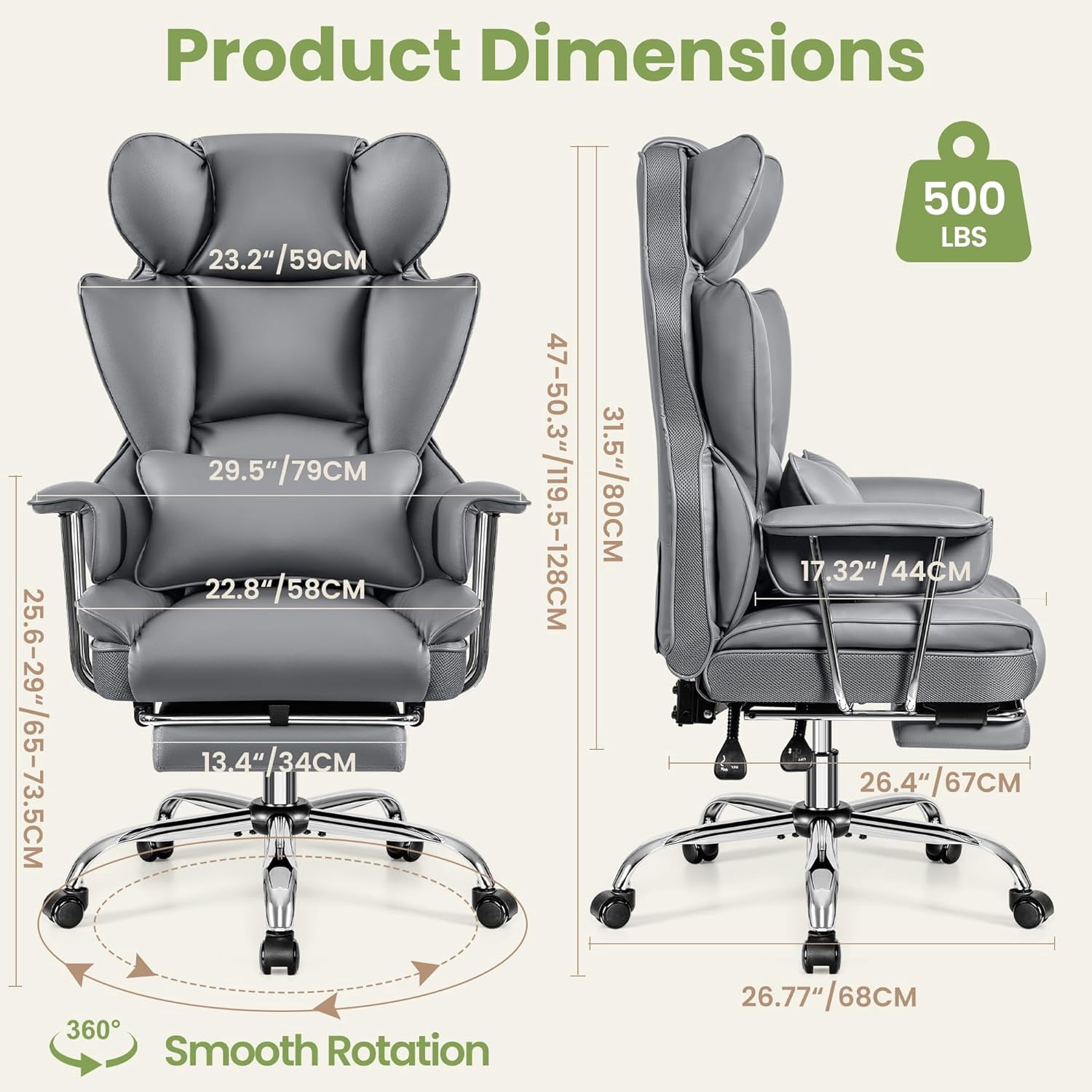 Woodty Executive Chair, PU Leather, High Back, Home Office, Gray (Set of 1)