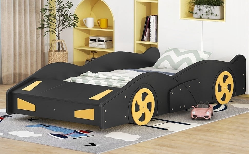 Black+Yellow Twin Size Race Car-Shaped Platform Bed Having Wheels & Storage