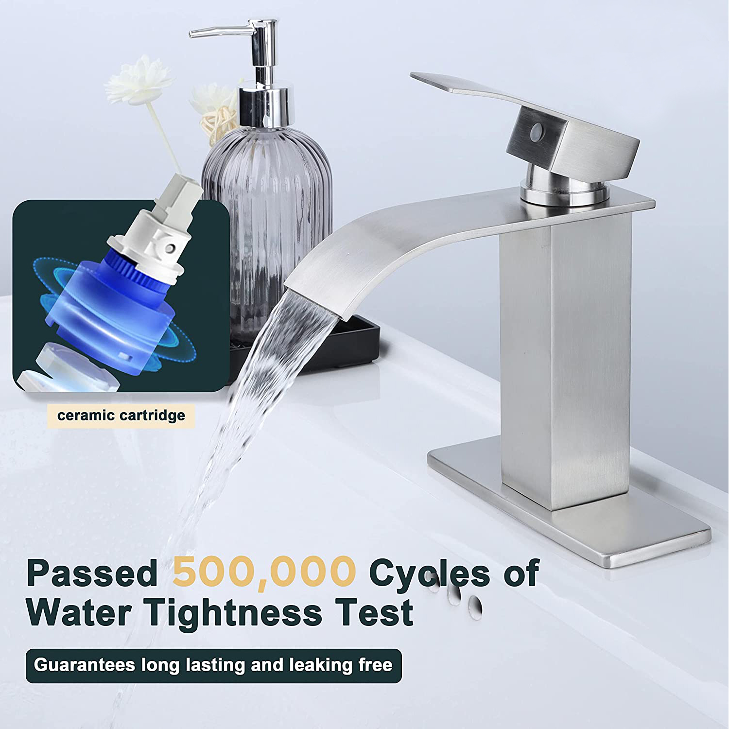Vesteel Bathroom Faucet, 18/10 Stainless Steel Single Handle Waterfall Spout Bathroom Sink Faucet with Deck Plate and Pop Up Drain