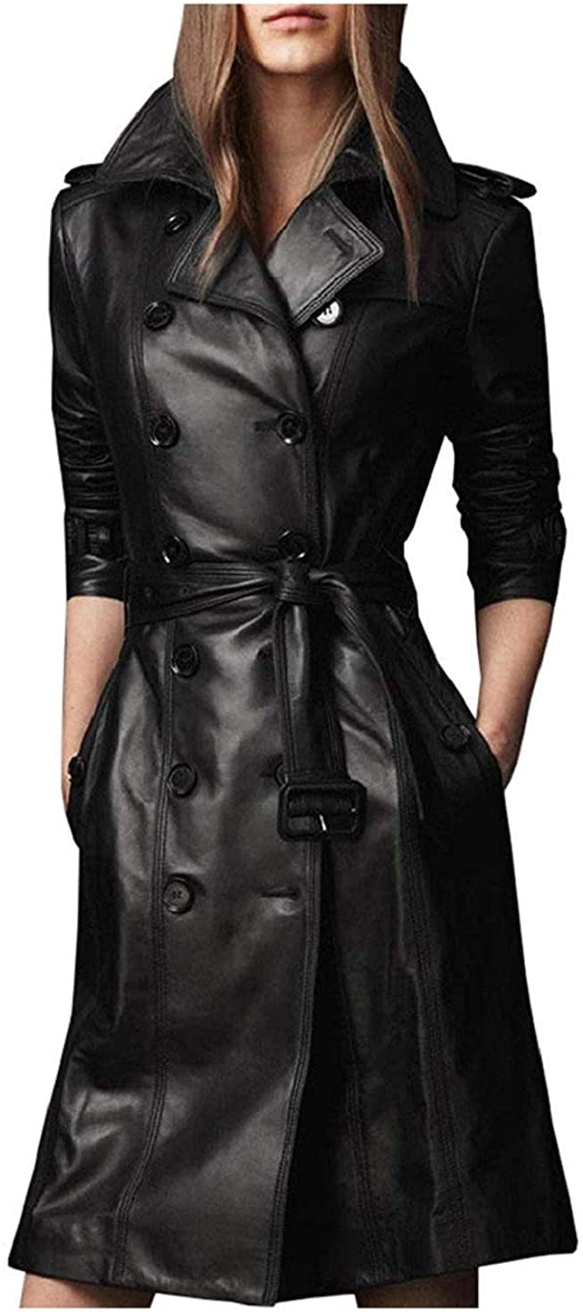 Outfit Craze Women's Black Slim Fit Long Trench Leather Coat with