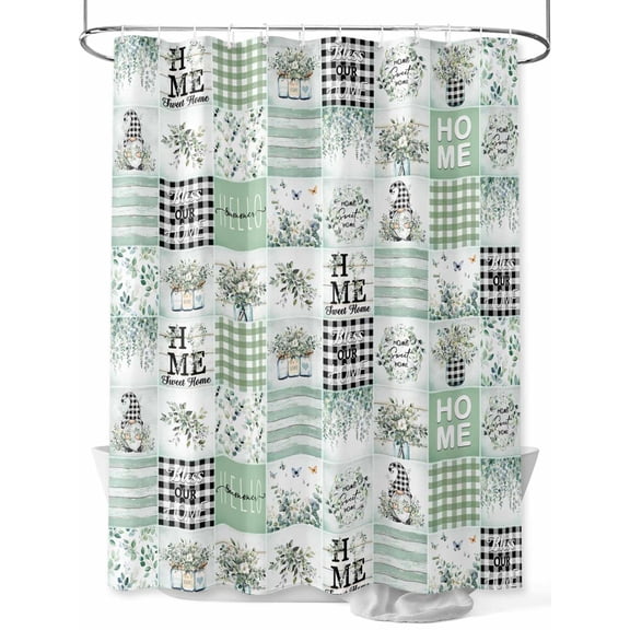 Sage Green Farmhouse Plaid Shower Curtain, Summer Gnome Eucalyptus Leaves Bathroom Decor Curtains Set with Hooks, Waterproof Fabric Home Accessories， 72X 96 Inch Extra Long