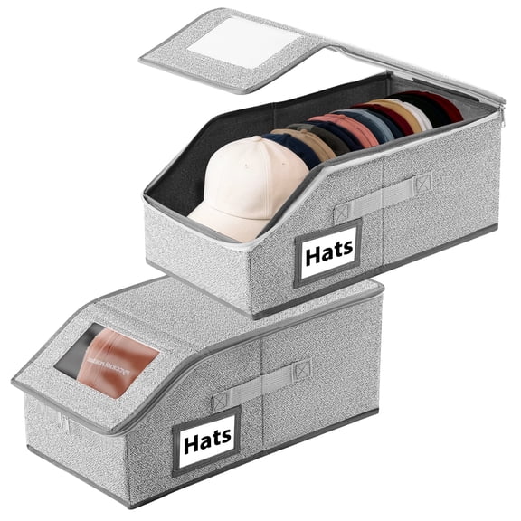Lumikrypt 2 Pcs Stackable Hat Storage for Baseball Caps, Hat Organizer with Clear Window Lid, Holds up to 24 Caps Hat Organizer for Closet with Cardboard, Breathable Fabric(Grey)