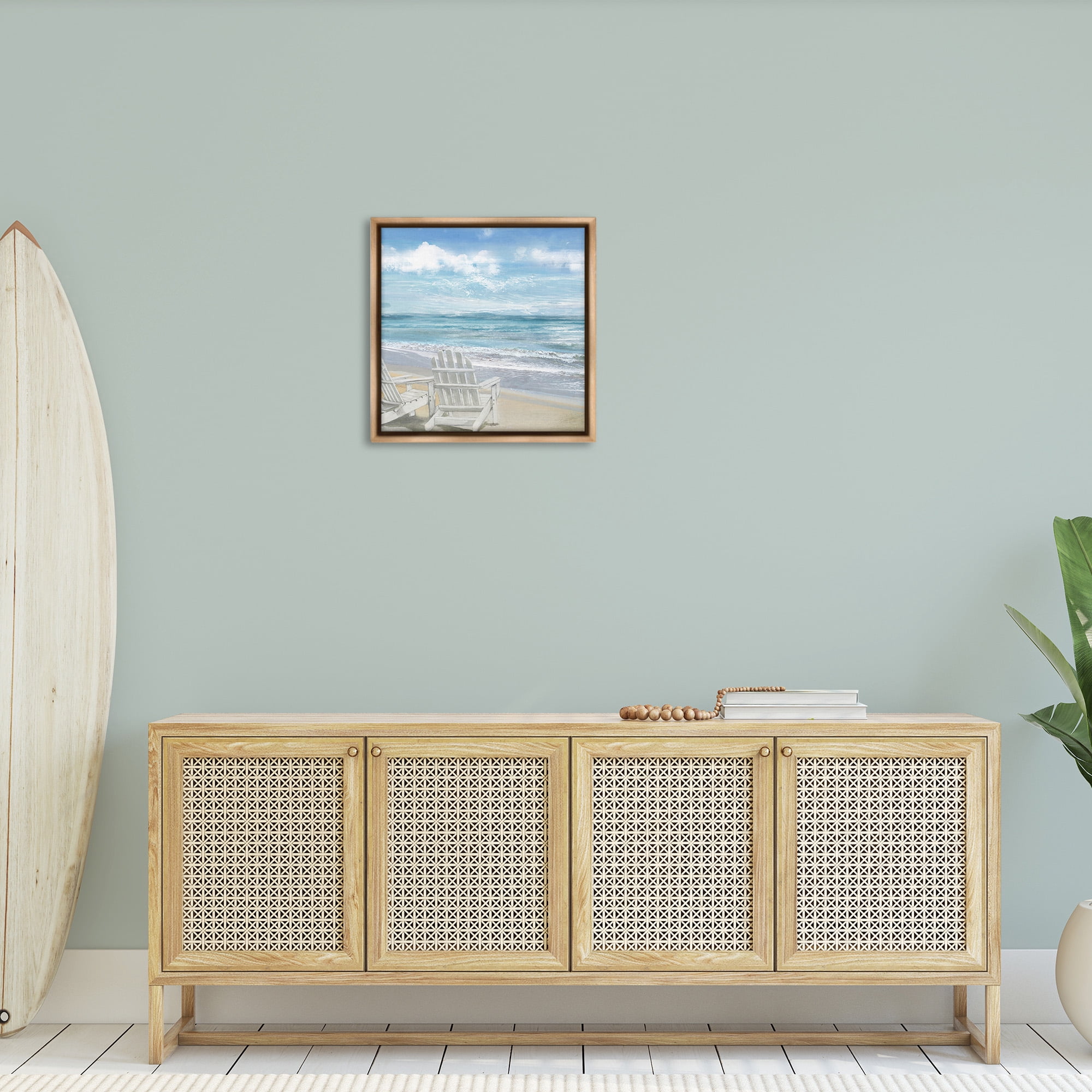 Stupell Industries White Adirondack Chairs on Beach Landscape Painting Brown Floater Framed Canvas Art Print Wall Art, 25 x 25