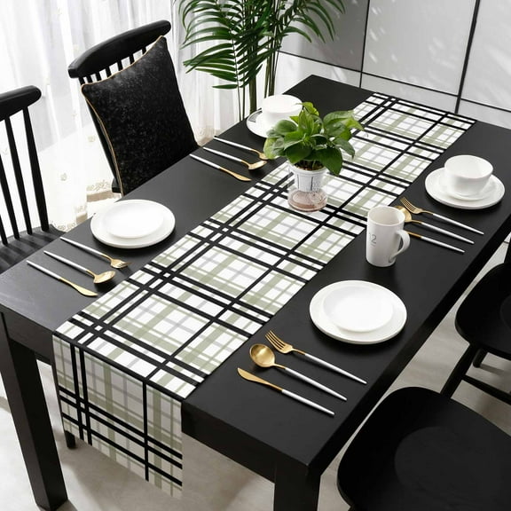 Sage Green Black Plaid Cotton Linen Table Runner 18 x 72 inch Farmhouse Green Black Checkered Non-slip Rectangular Dining Table Decor for Wedding Party Holiday Dinner