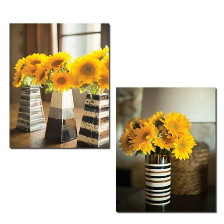 Blooms Stripe - Sunflower Bouquet | Gorgeous Blooming Sunflowers in Striped Vases Photograph Prints; Floral Decor; Two 11x14in Poster Prints