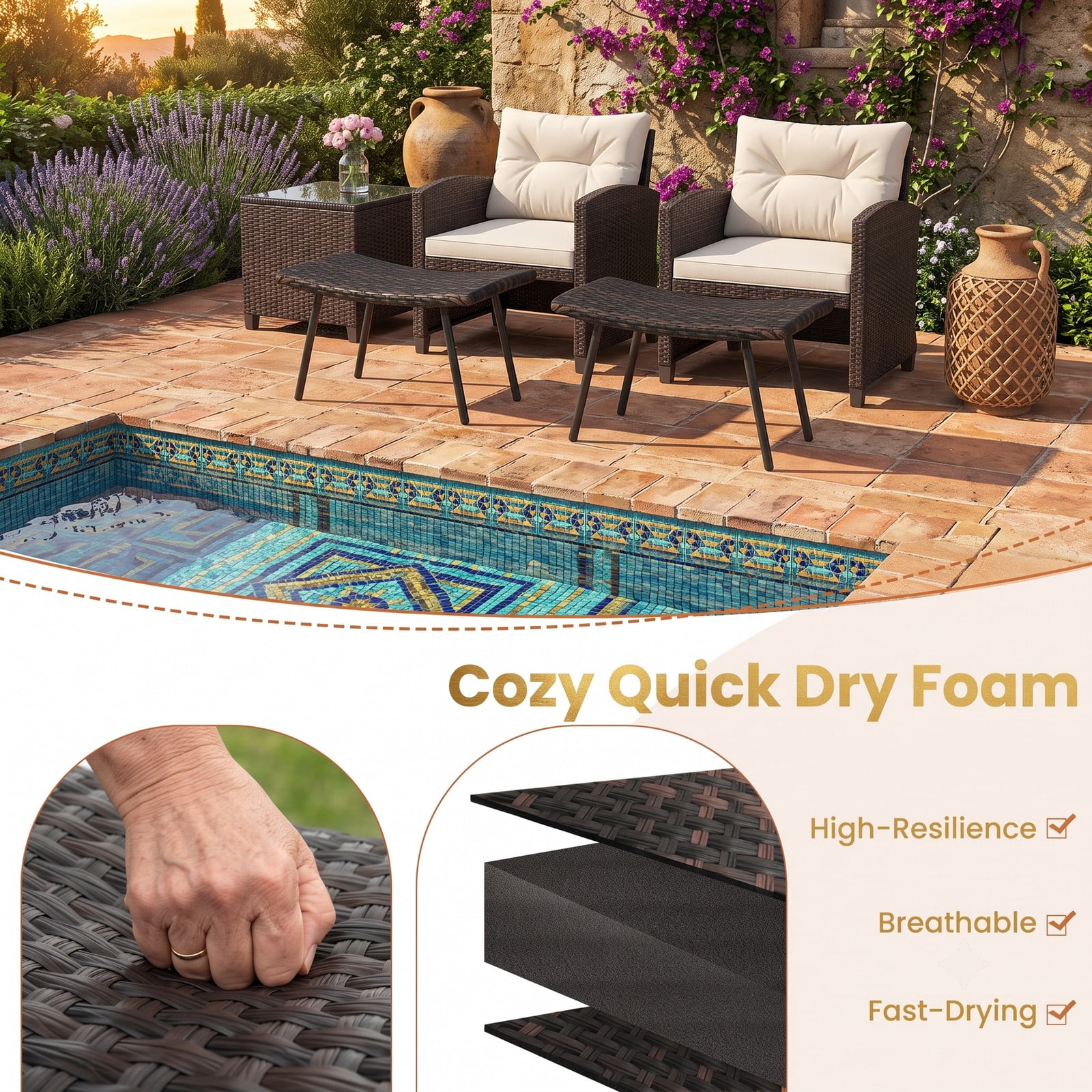 Furnibear All Weather Outdoor Ottoman Set of 2 PE Rattan Patio Footrest Stool Wicker Footstool Seat with Sturdy Metal Legs and Quick Dry Foam for Poolside, Mix Brown