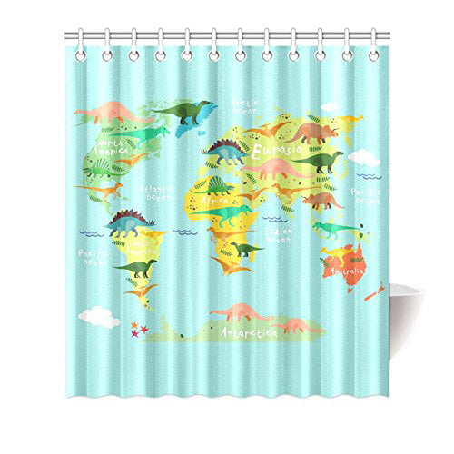 72" Waterproof Fabric Shower Curtain Set Dinosaurs Map of the World for Children 