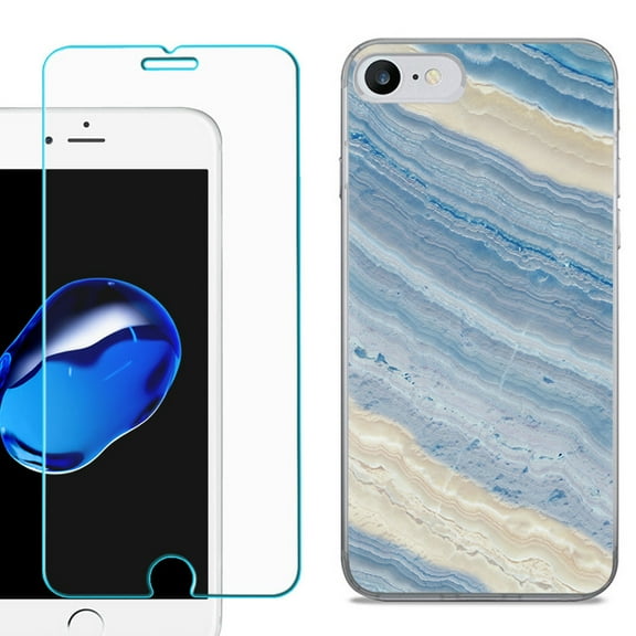 For Apple iPhone 7 / iPhone 8 Case, Slim-Fit TPU Phone Case, with Tempered Glass Screen Protector, by OneToughShield ® - Marble/ Marina Blue