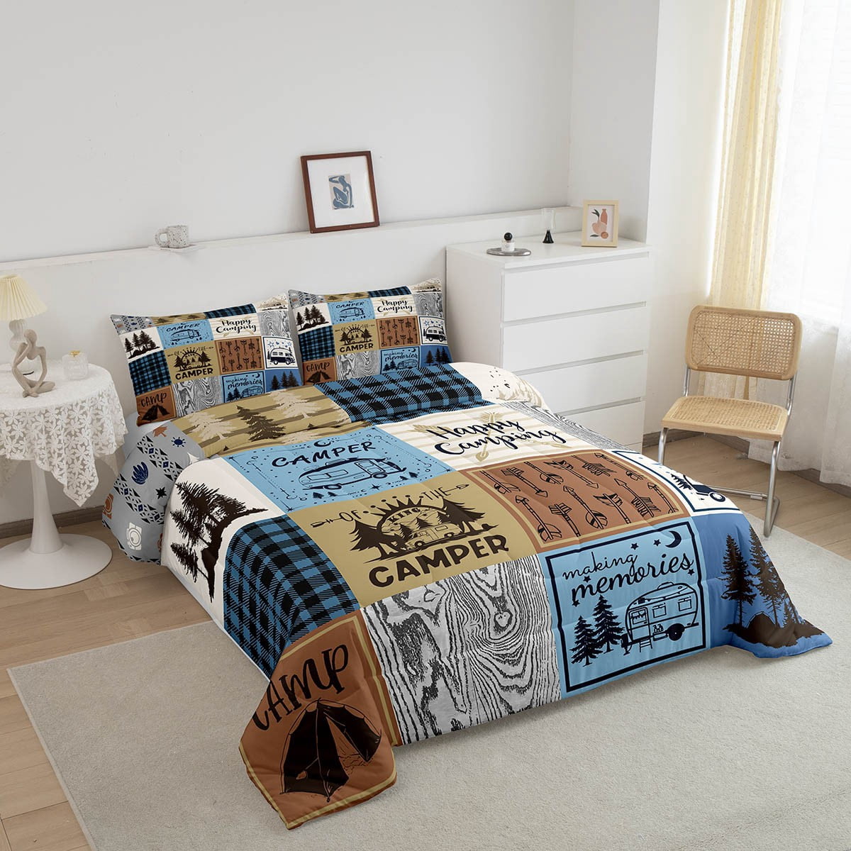 Happy Camping Bedding Set King Rv Camper Comforter Set For Travel Trailers Bunks,Patchwork Rustic Buffalo Plaid Pine Trees Camper Car Decor Quilt Rv Accessories For Inside Duvet 3 Pcs