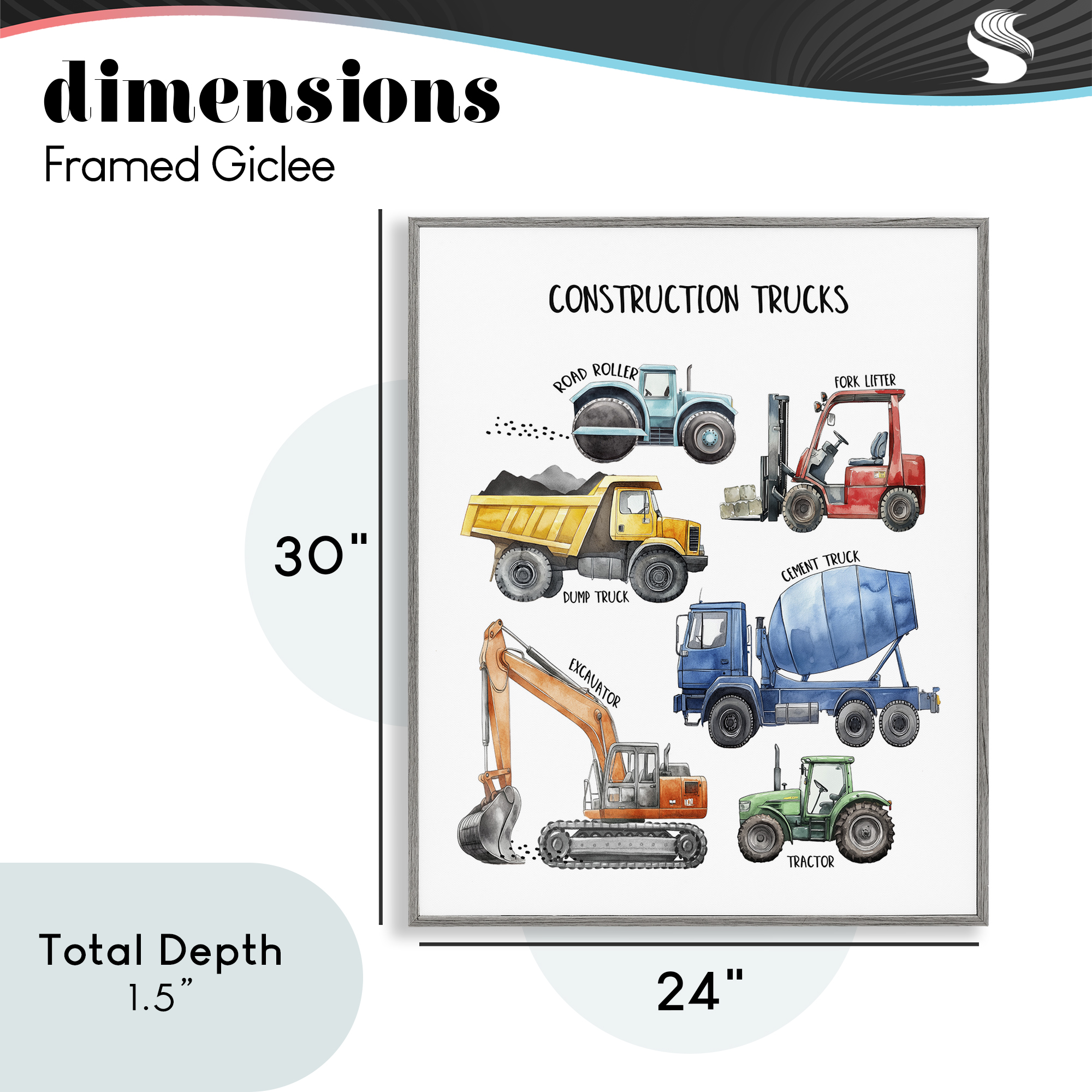 Construction Trucks Machinery Gray Framed Giclee Art, design by Christine Simpson Art