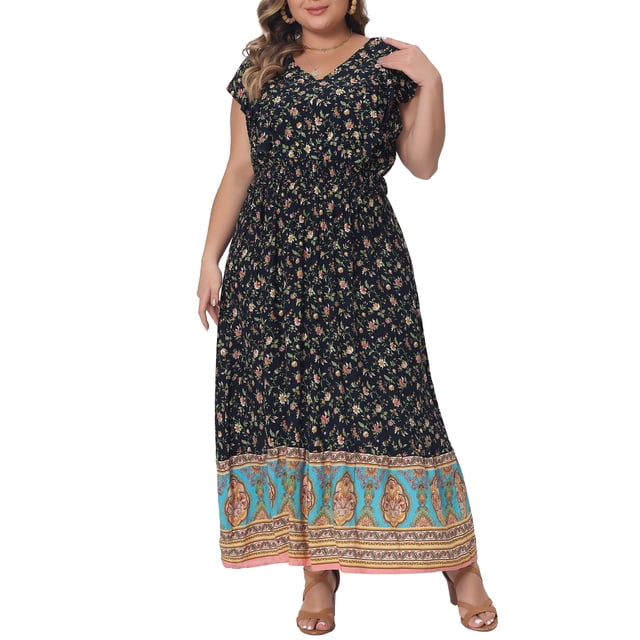 Vestido de Día de la Madre Plus Size Agnes Orinda para Mujeres, Vestidos Boho Florales, Vestido de Verano con Cuello en V y Mangas con Volantes, 4X Azul Marino