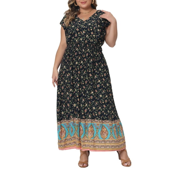 Vestido Plus Size Agnes Orinda para Mujeres, Vestidos Florales Boho, Vestido de Verano con Cuello en V y Mangas con Volantes, Vestido de Playa de Corte A 4X Azul Marino