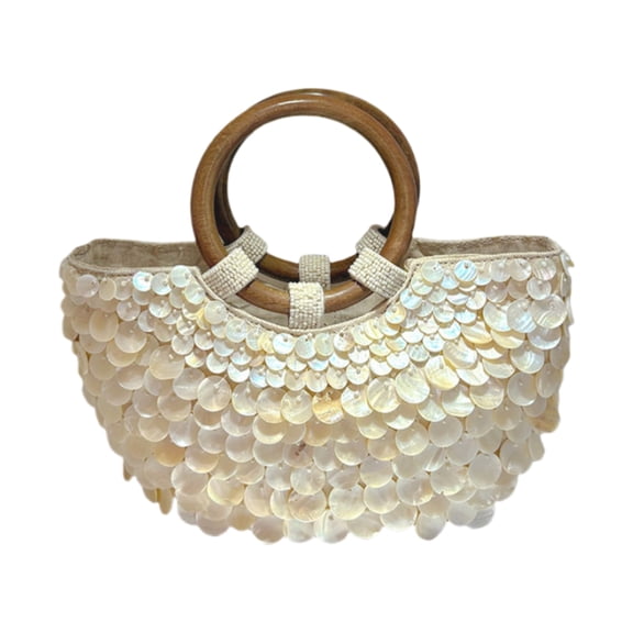 Stylish Beaded Top Handle Purse Summer Beach Bag with Wooden Detail Handbag