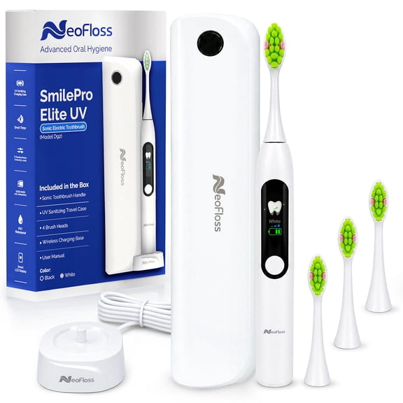 NeoFloss D92 UV Edition Sonic Electric Toothbrush with UV Sanitizing Case, Wireless Charging, White