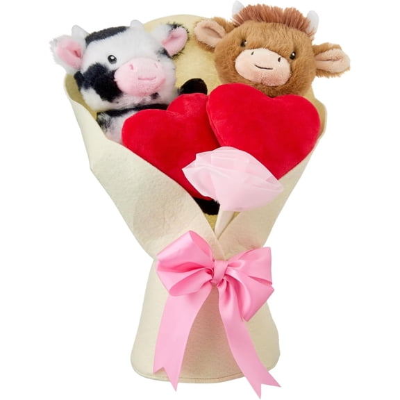 Highland Cow Valentines Day Plush Gift, Hearts and Pink Bow, 10x13 Inches, Romantic Valentine Decorations Gifts for Her & Boyfriend Girls Lover